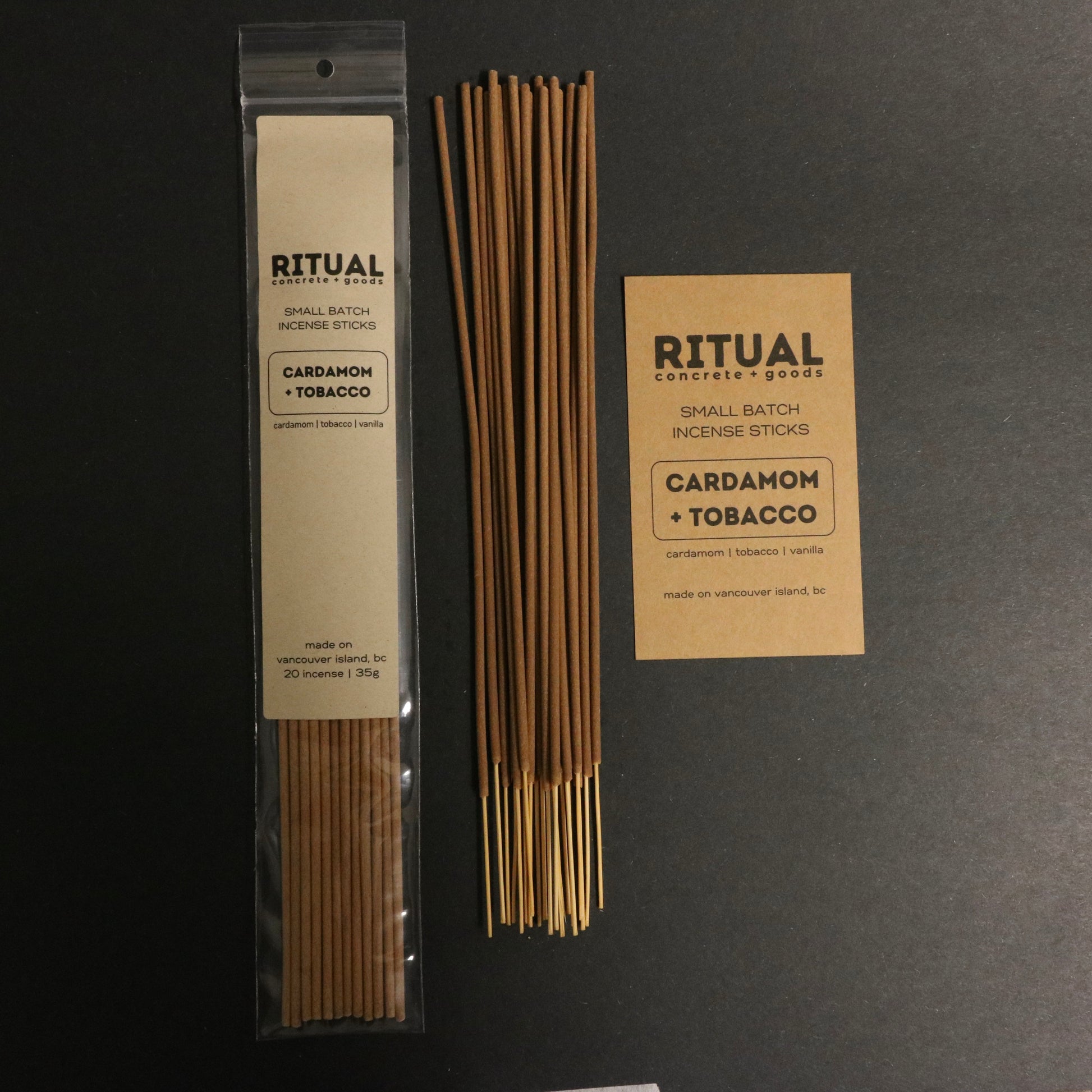 Ritual Cardamom + Tobacco incense sticks with packaging on a black background
