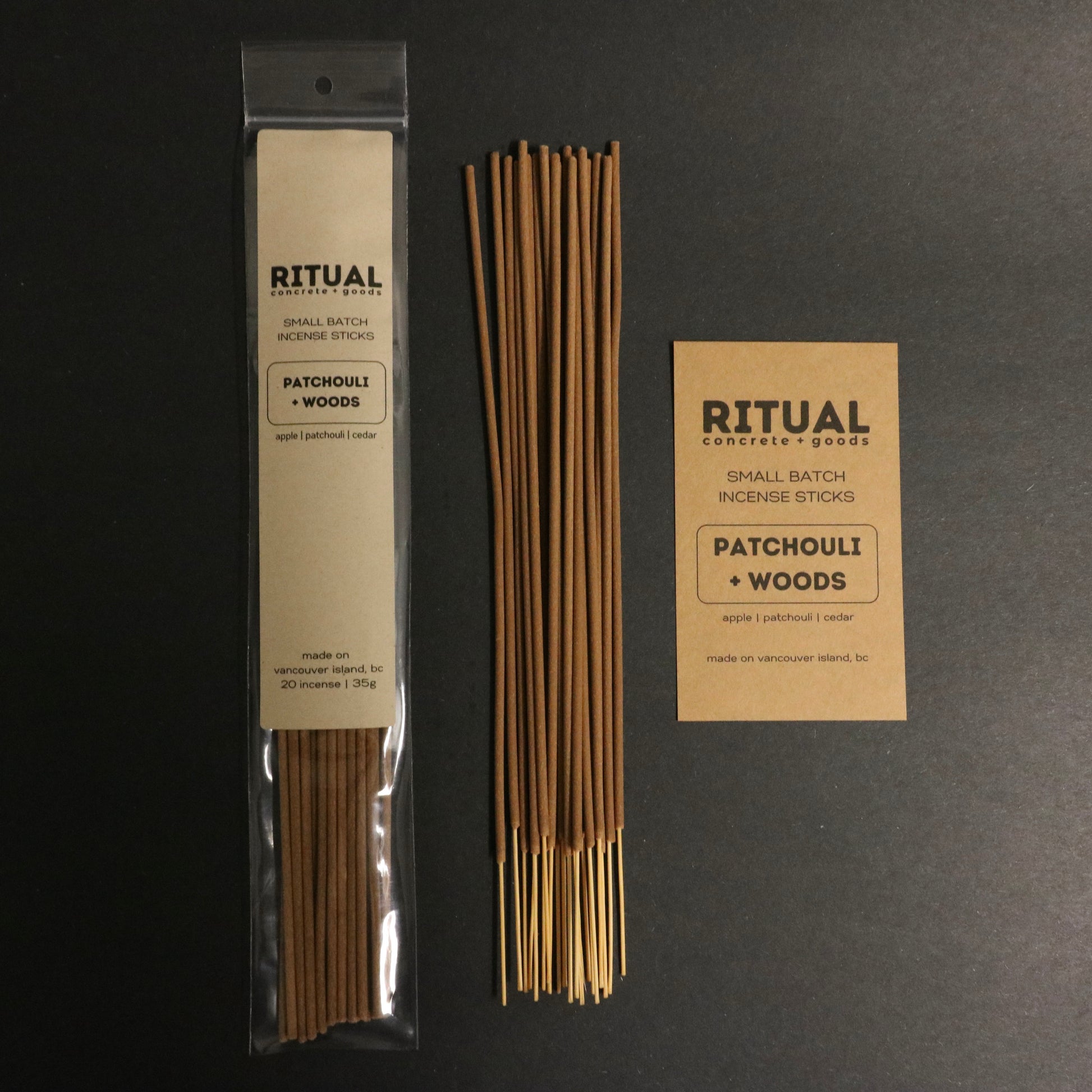 Ritual Patchouli Woods incense sticks with packaging on a black background