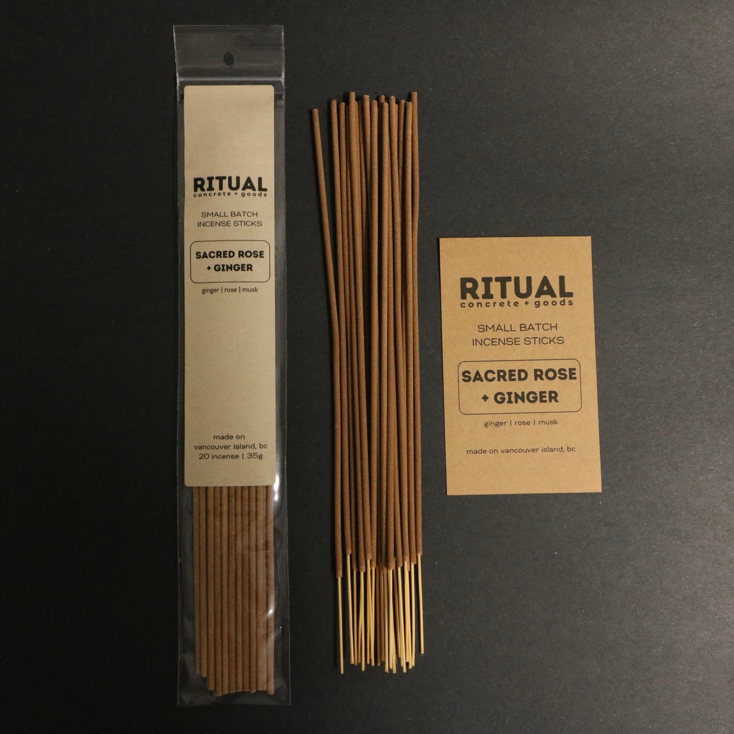 Ritual incense sticks with packaging and label on a dark background