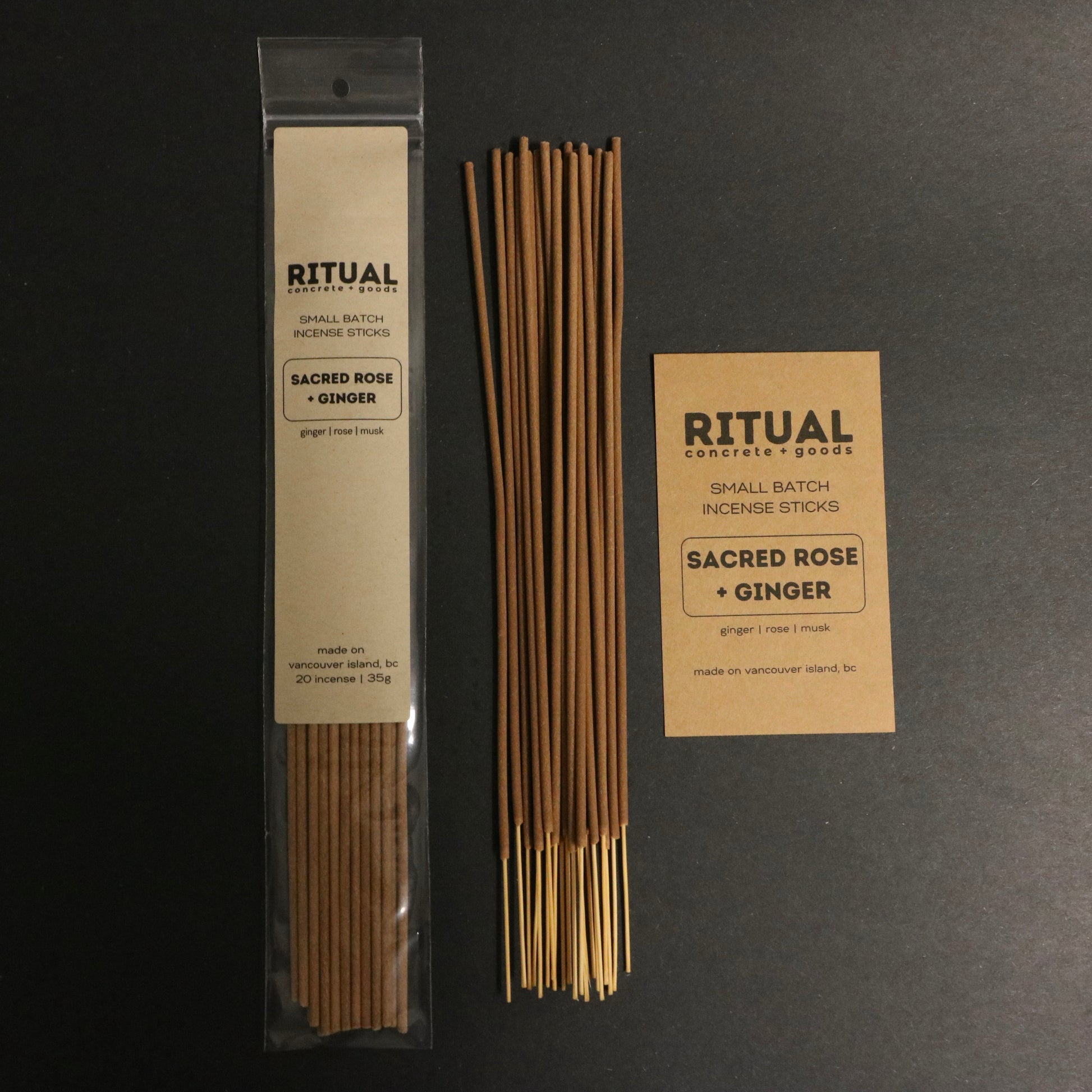 Ritual incense sticks with packaging and label on a dark background